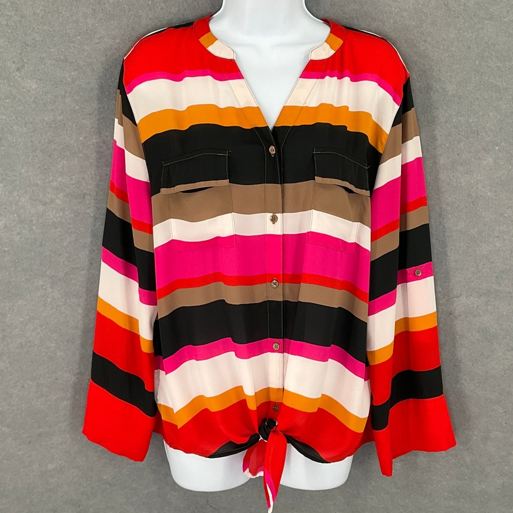 Ali Miles Button Down Shirt Striped‎ Multicolor Long Sleeve Blouse Top Sz Large